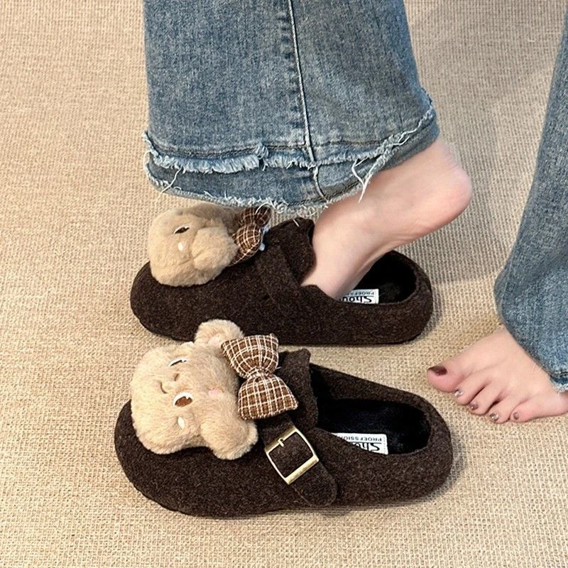 如奕-卡通立体可爱萌萌哒小熊蝴蝶结勃肯鞋女2025冬新款包头拖鞋