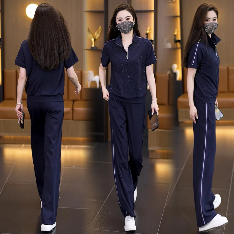 2025夏季新款短袖休闲运动套装女装大码宽松时尚显瘦遮肚子两件套