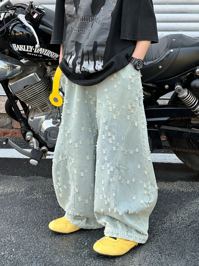 2025儿童新款夏季浅色牛仔裤男童复古砂洗磨破宽松直筒长裤休闲