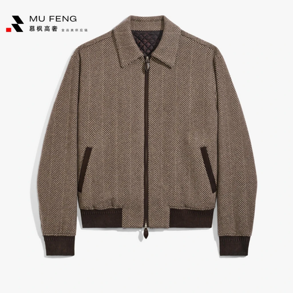 B*UT高奢绵羊毛混纺人字纹经典秋冬男士翻领棉服夹克外套2127