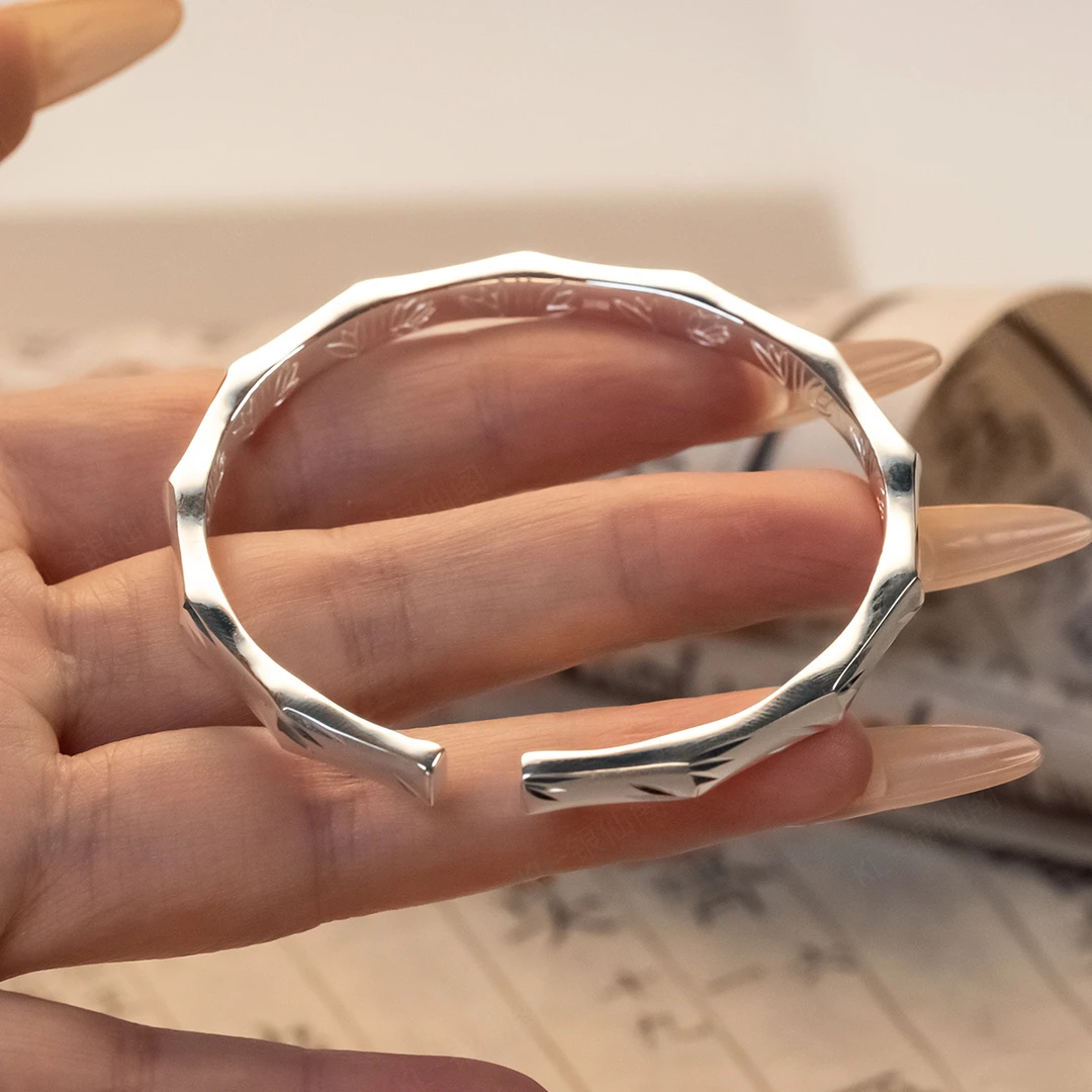 足银手镯 足银999.9手镯 气质轻奢时尚亮面磨砂竹节竹叶开口手镯