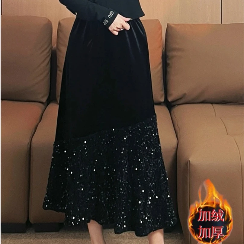 大码女装胖MM秋季新款2025年设计感加厚半身裙中长款亮片裙子