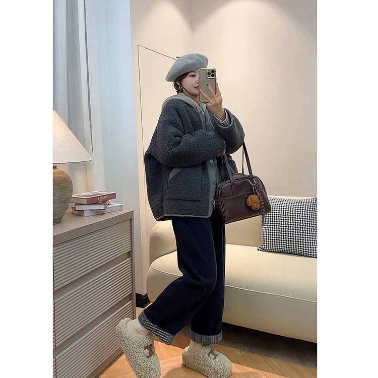 【考拉】韩版拼接气质保暖毛绒绒外套休闲宽松显瘦女秋冬