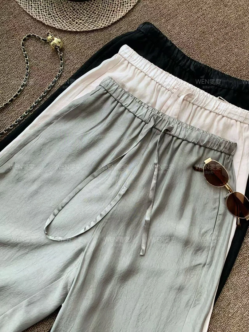 WEN 25新款夏季高级感显瘦百搭缎面高腰休闲长裤WWK0361