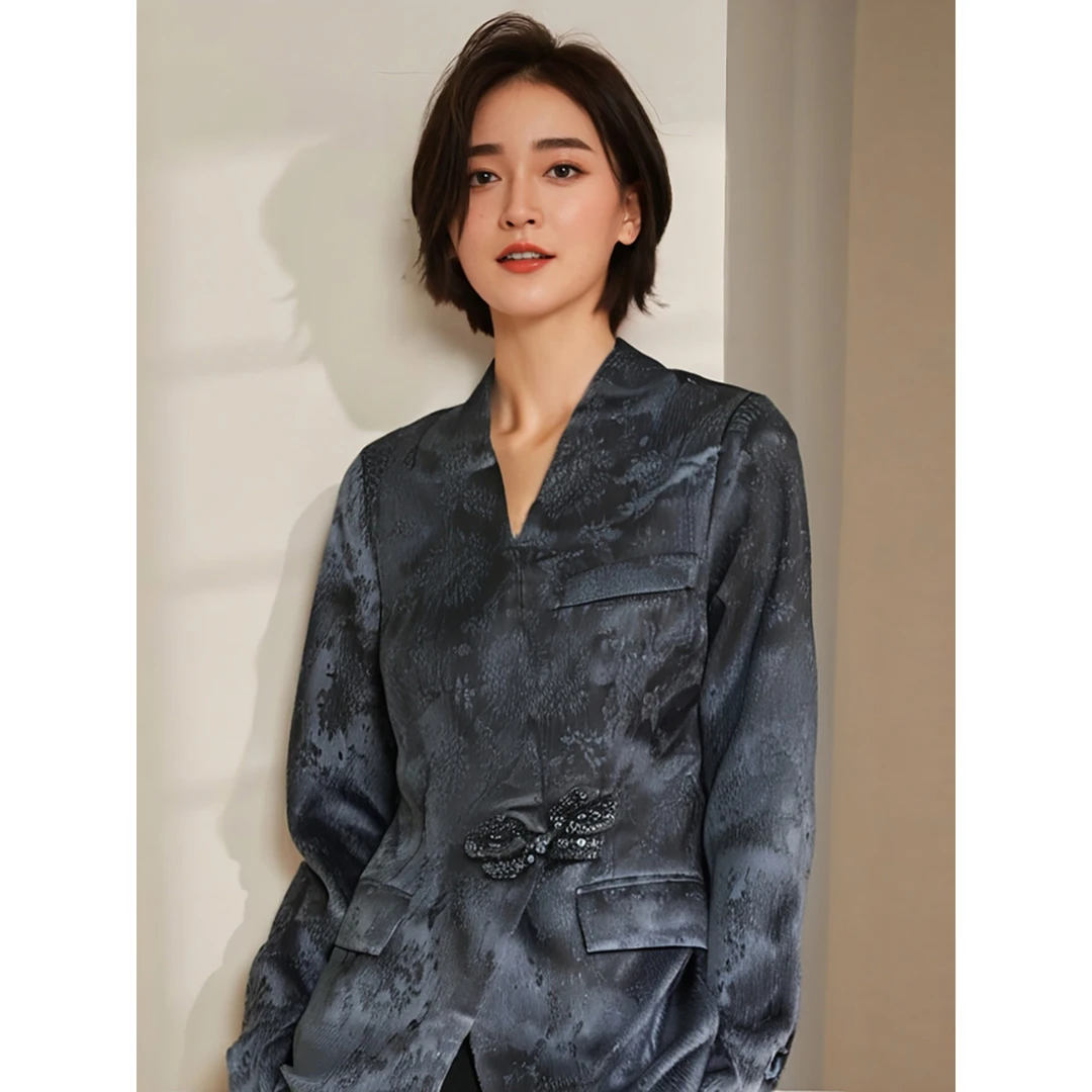 显瘦舒适提花西服早春新款国风设计感外套时尚休闲百搭黑色复古