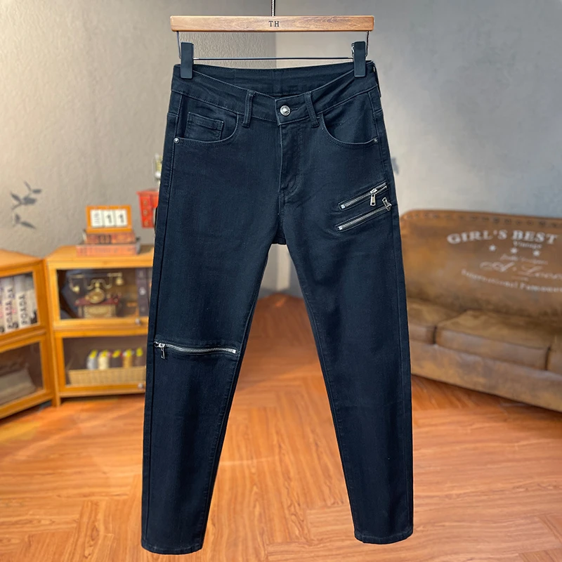 高级感拉链设计男士黑色牛仔裤修身小脚长裤秋冬款个性时尚男裤潮
