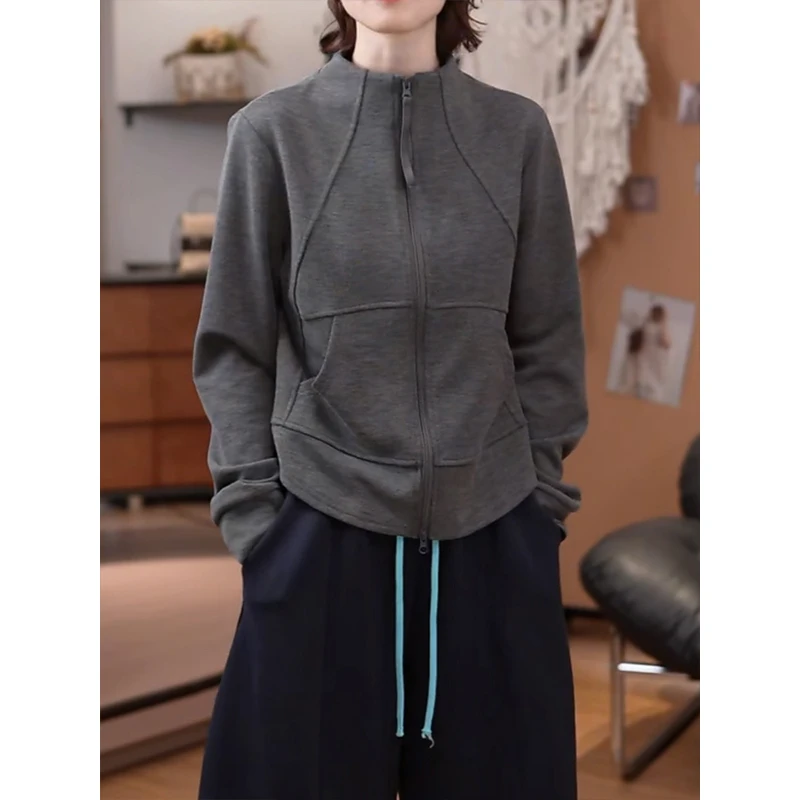 高级感纯色立领双拉链卫衣外套女秋季2025新款时尚百搭开衫上衣潮