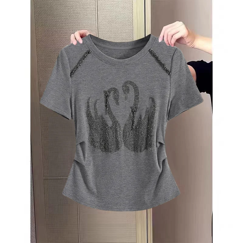 2025夏季新款重工设计感天鹅烫钻时尚显瘦休闲百搭纯棉短袖T恤女