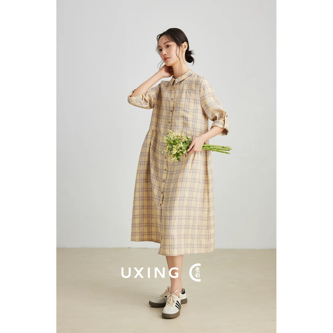 原形减龄格子亚麻衬衫连衣裙女2025春夏秋新款时尚气质长裙91403