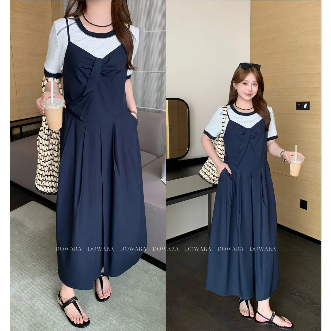 现货大婉酱微胖定制洋气连衣裙吊带时尚无袖茶歇裙气质裙子 8190D