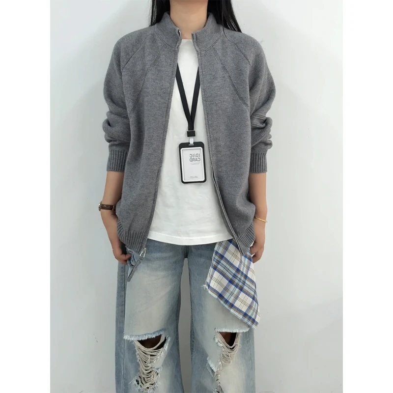 韩系立领双拉链毛衣男秋冬高级感慵懒风cleanfit灰色针织开衫外套