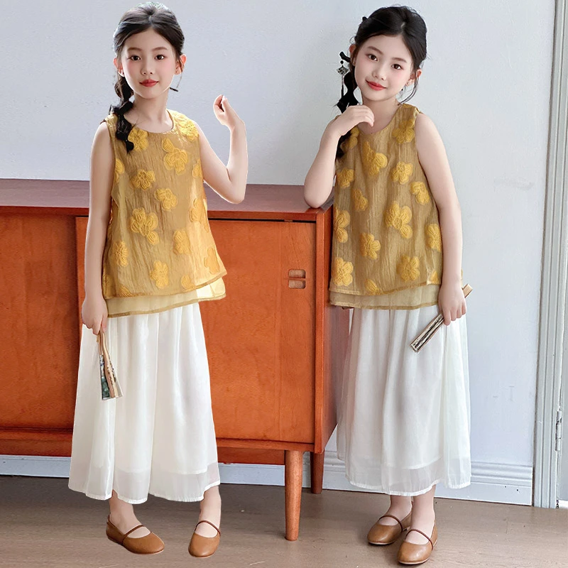 女童夏装套装2025新款中大童洋气新中式时尚复古中国风碎花两件套