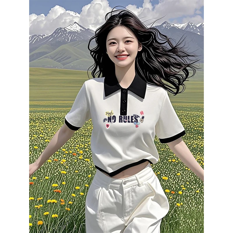 美式时尚polo领短袖t恤女夏设计感小众显瘦正肩短款上衣小个子