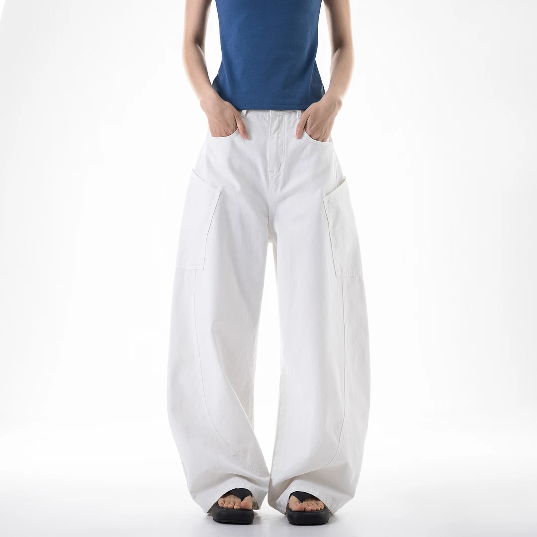 北港飞鸟美式直筒宽松休闲女款流行百搭工装复古弯刀白色工装裤