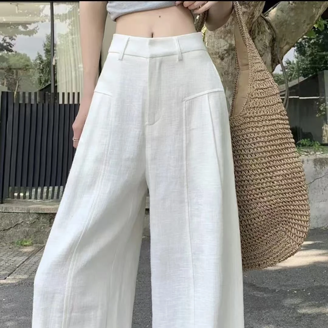 白色苎麻阔腿裤女2025夏季薄款高腰垂感老钱风西装亚麻棉麻休闲裤