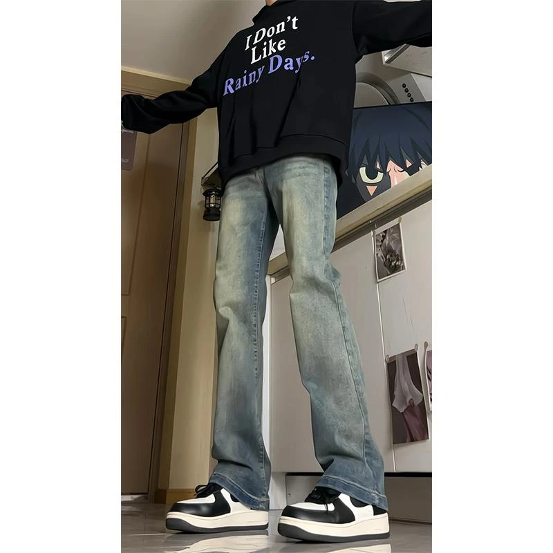 复古蓝牛仔裤男款2025春秋美式高街修身水洗裤子显瘦直筒微喇长裤