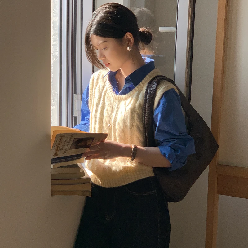 Miss sumey#Y3724#TB11001自制复古宝蓝色衬衫+针织马甲两件套