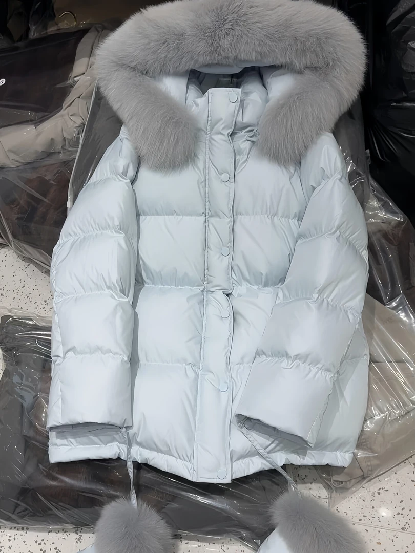 韩系连帽蓝色棉服上衣女2025新款初冬季独特超好看今年流行中长款