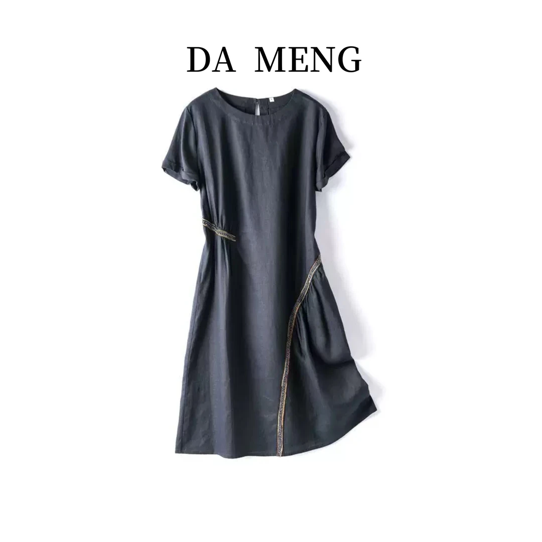 【外贸裙】出口日单剪标重工钉珠刺绣客供纯亚麻圆领短袖直筒连衣裙