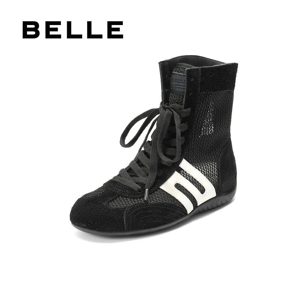 百丽透气网面休闲靴女25秋季新款拳击赛车运动高帮鞋子B2750CD5