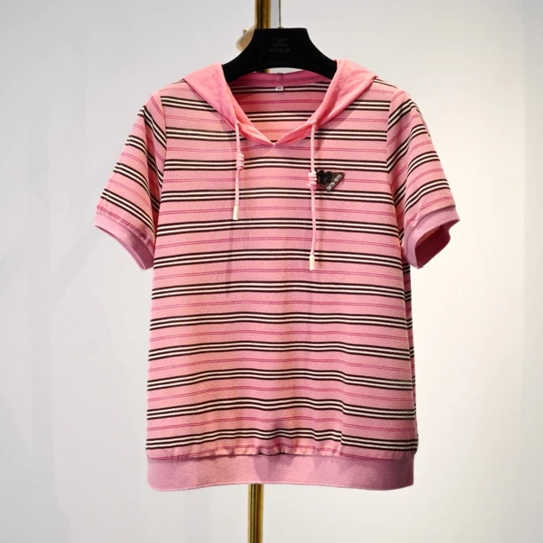 经典粉色条纹帽衫短袖】夏季新款洋气穿搭女士出行连帽T恤显瘦减龄