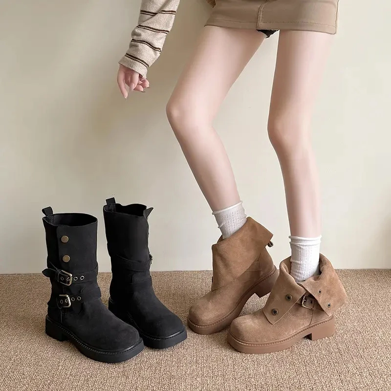 2025秋季复古西部牛仔靴女废土风灰色厚底粗跟中筒高级黑灰马丁靴