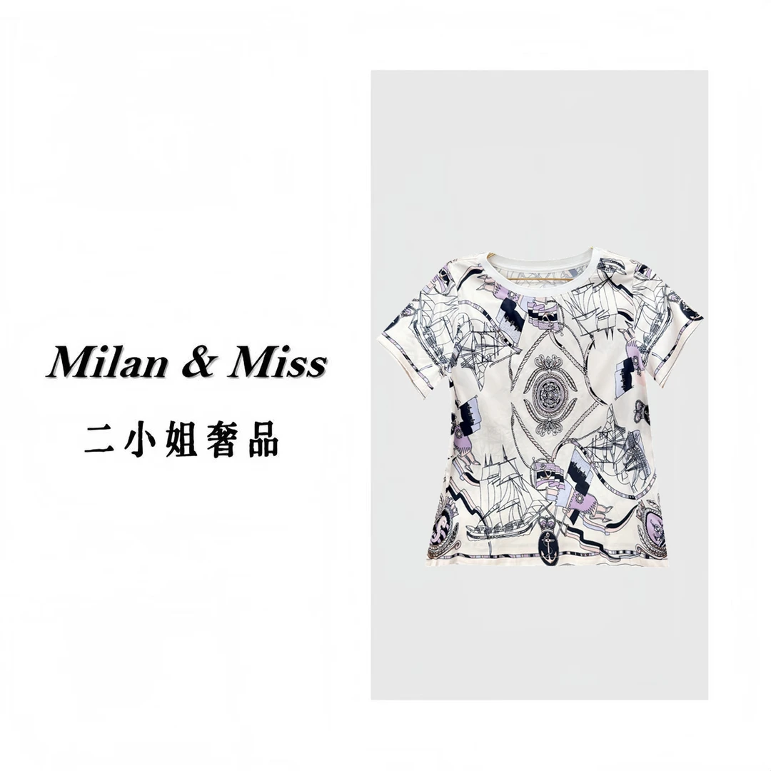 【二姐奢品】‘’扬帆远航‘’烫钻桑蚕丝上衣 高端欧货印花短袖T恤女