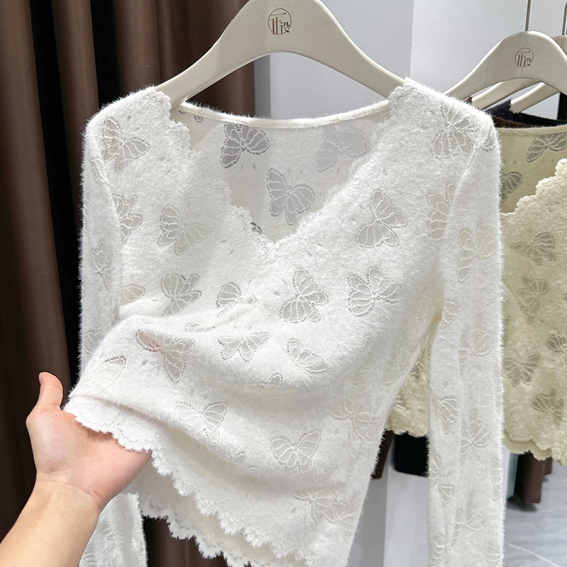波浪边V领设计感短款蕾丝上衣秋季新款磨毛网纱修身长袖打底衫女