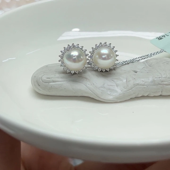 银S925镶嵌耳饰海水珍珠7-8mm54号