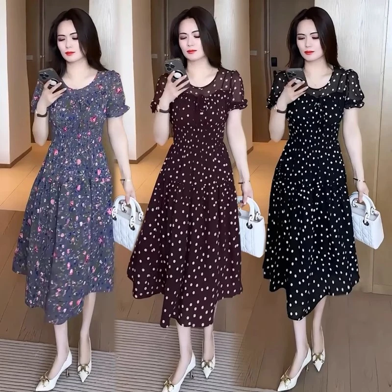 连衣裙女2025夏季新款时髦宽松显瘦波点中长款气质短袖碎花裙子潮
