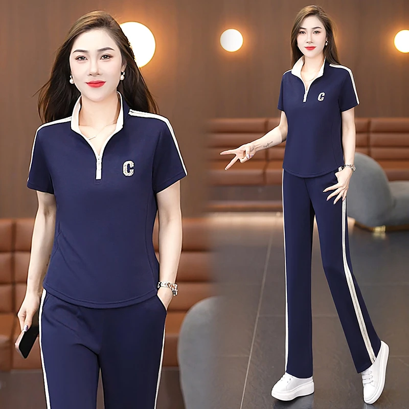 冰丝休闲运动套装女夏季薄款短袖跑步2025新款年轻妈妈夏装两件套