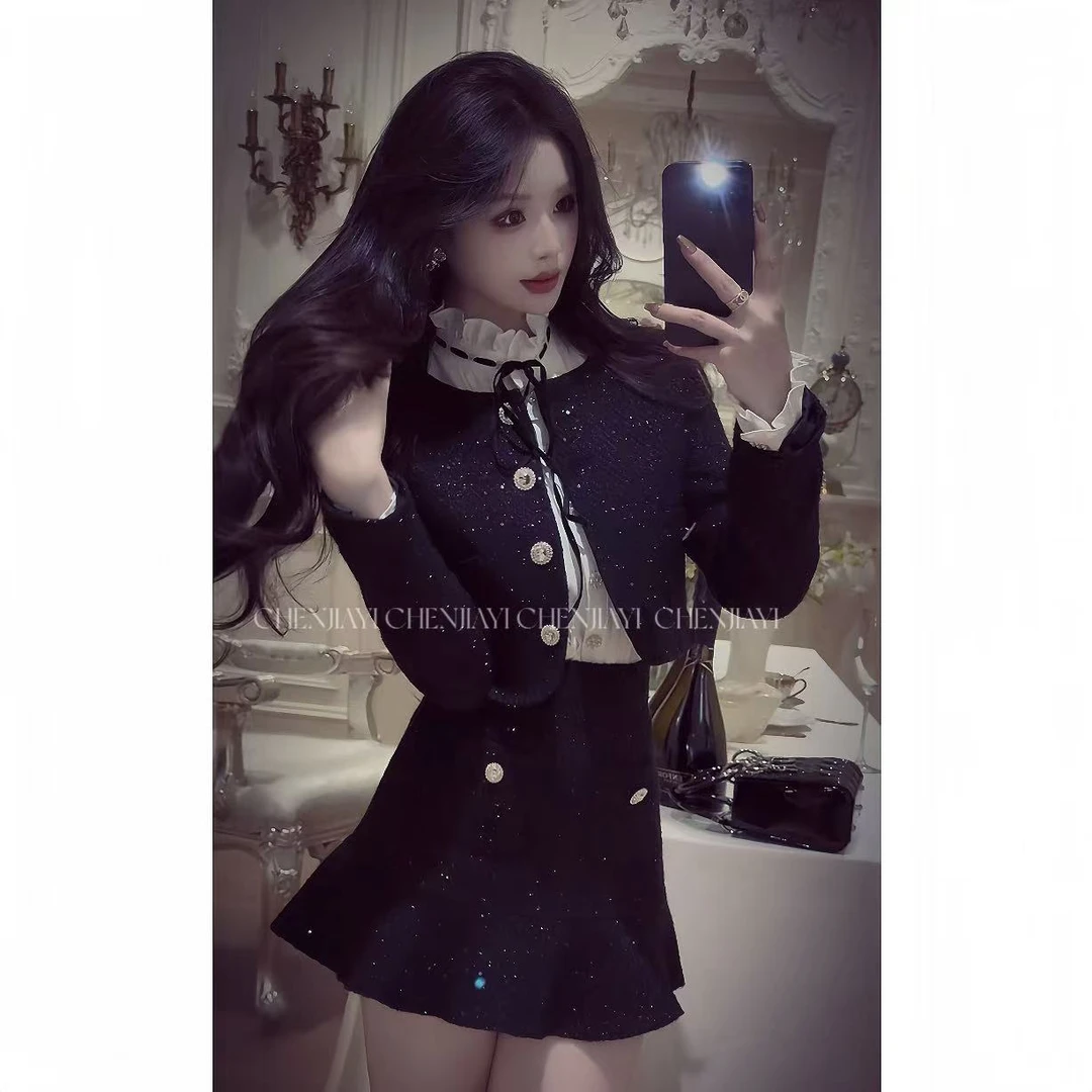 【JIAYI】清潭洞贵女 早秋重磅珠片绣黑色千金感小香套装6103