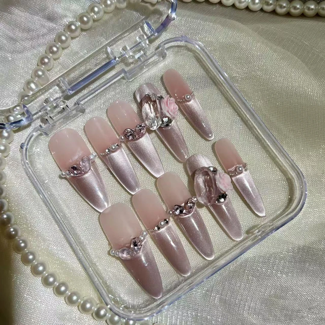 【粉雾玫瑰】纯手工穿戴甲玫瑰冰钻设计高级感美甲（新旧两款)