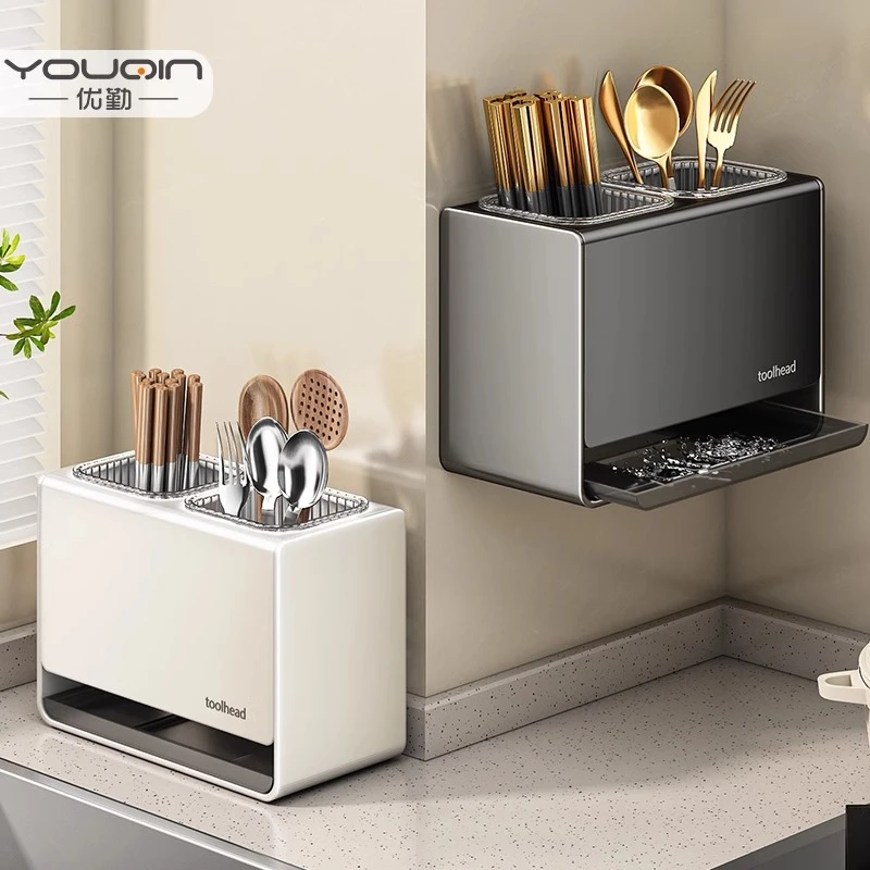 家用筷筒壁挂筷子筒铁艺筷子厨房家用勺子收纳盒筷笼置物架免打孔