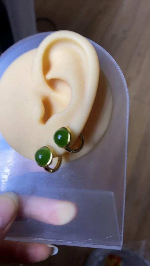 和田玉圆蛋面耳扣 通体s925银镶嵌