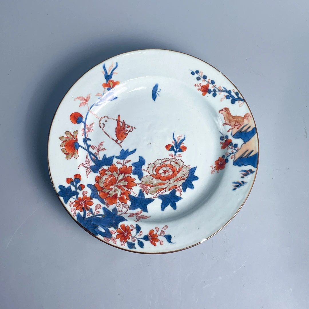 瓷器/古董康熙青花矾红描金花卉纹盘M25AX009C28收藏/文物/绣花张