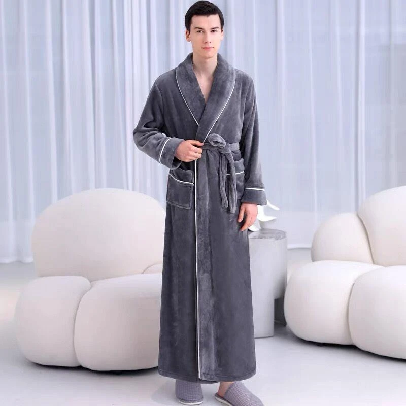 范哲萨加长款男士睡袍2025年秋冬款冬季珊瑚绒灰色保暖加厚款浴袍