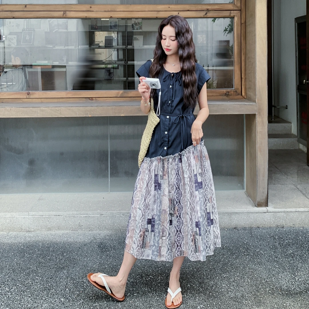 裙子法式轻熟风拼接连衣裙收腰女2025夏新款时尚气质减龄过膝长裙