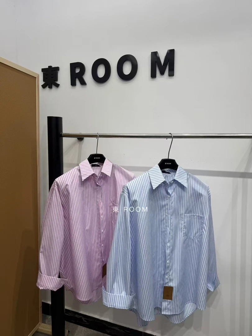 25109#【東Room】2025春季新款韩系条纹宽松休闲贴标翻领衬衣女