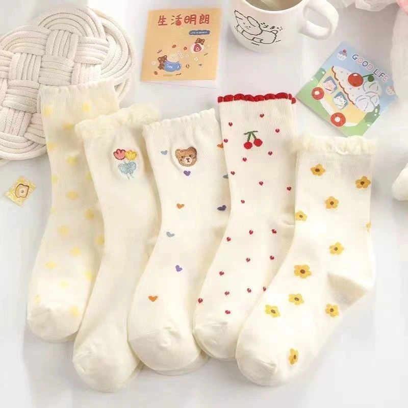 袜子女可爱白色花边小花中筒袜春夏季薄款甜美泡泡口袜