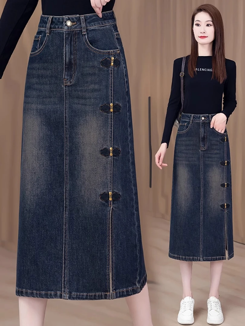 牛仔半身裙女2025春季新款设计感高腰显瘦中长款开叉中国风包臀裙