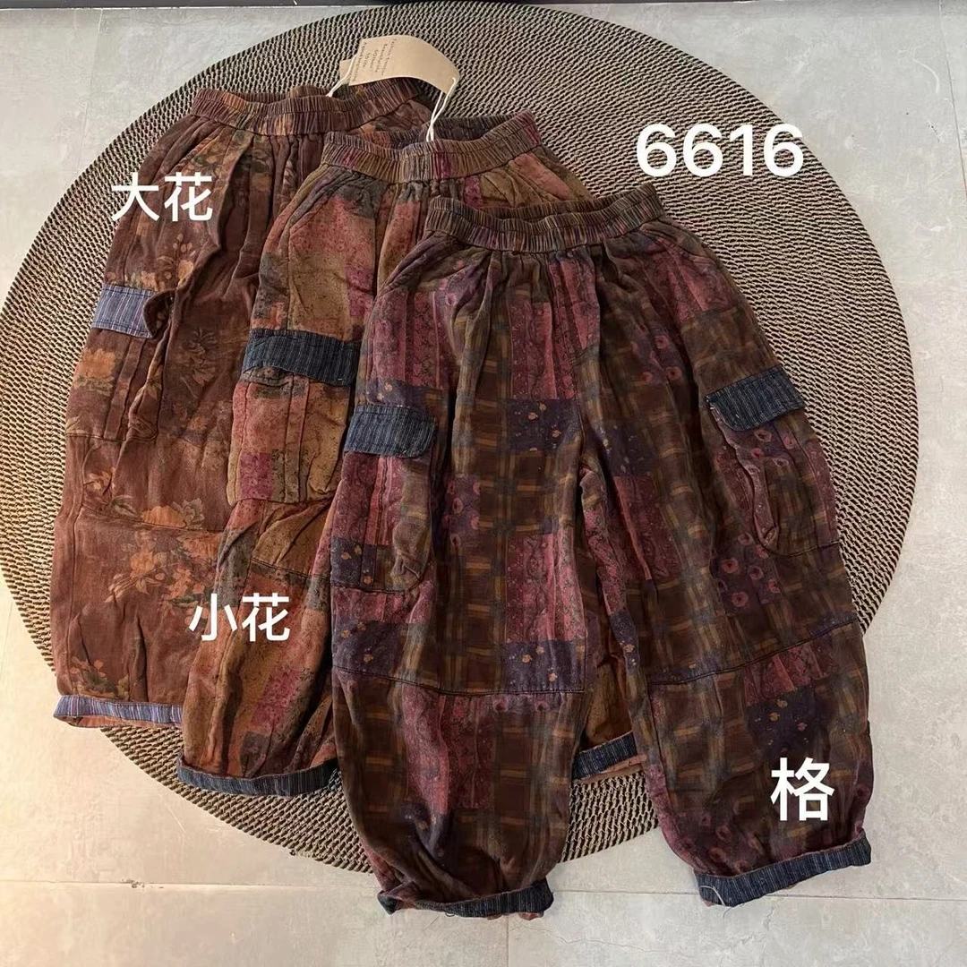 文艺气质宽松休闲显瘦复古印花棉麻裤女 6616#