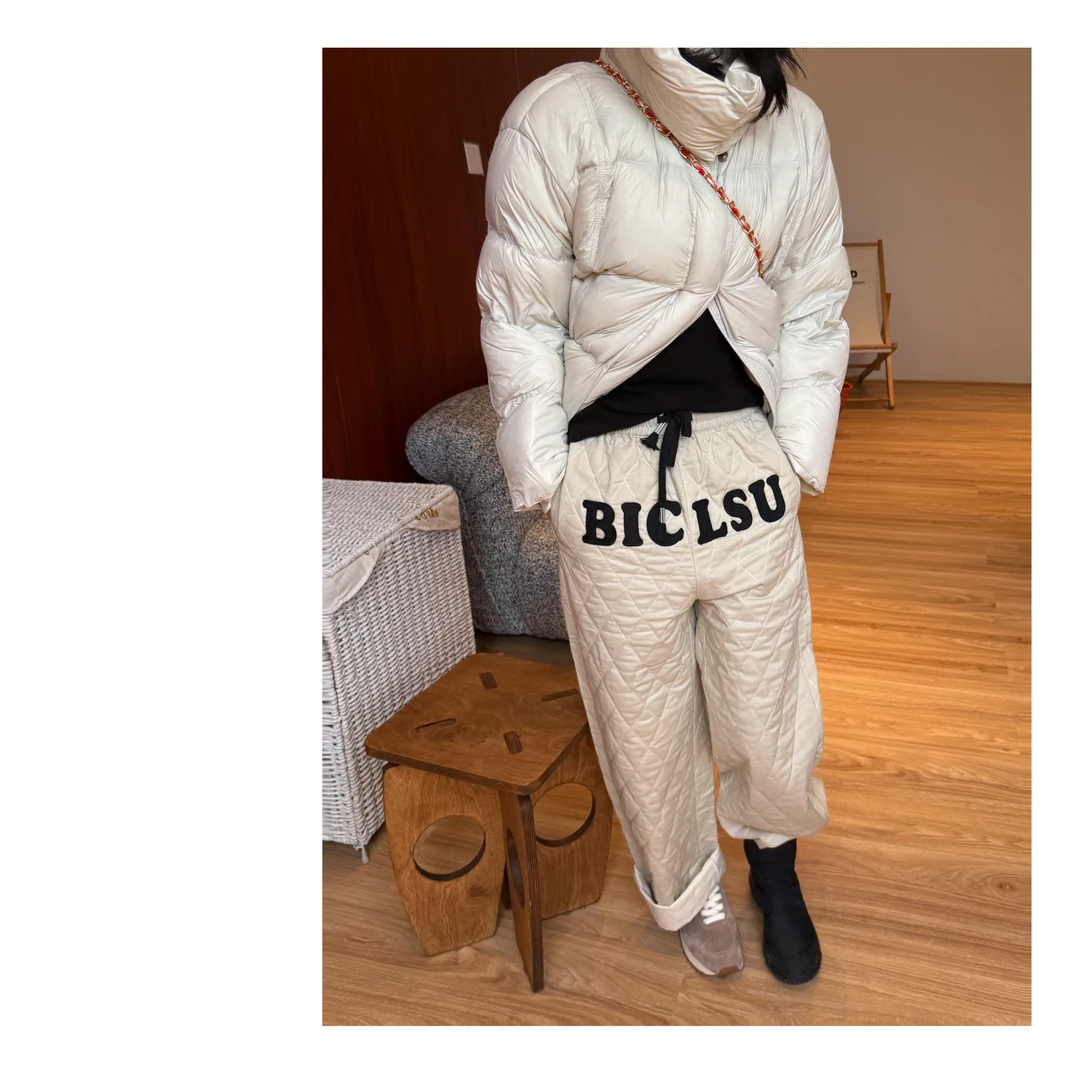 HDD- "字母裤 " 棉 冬季女款夹棉菱形格松紧腰保暖休闲裤 Y9309