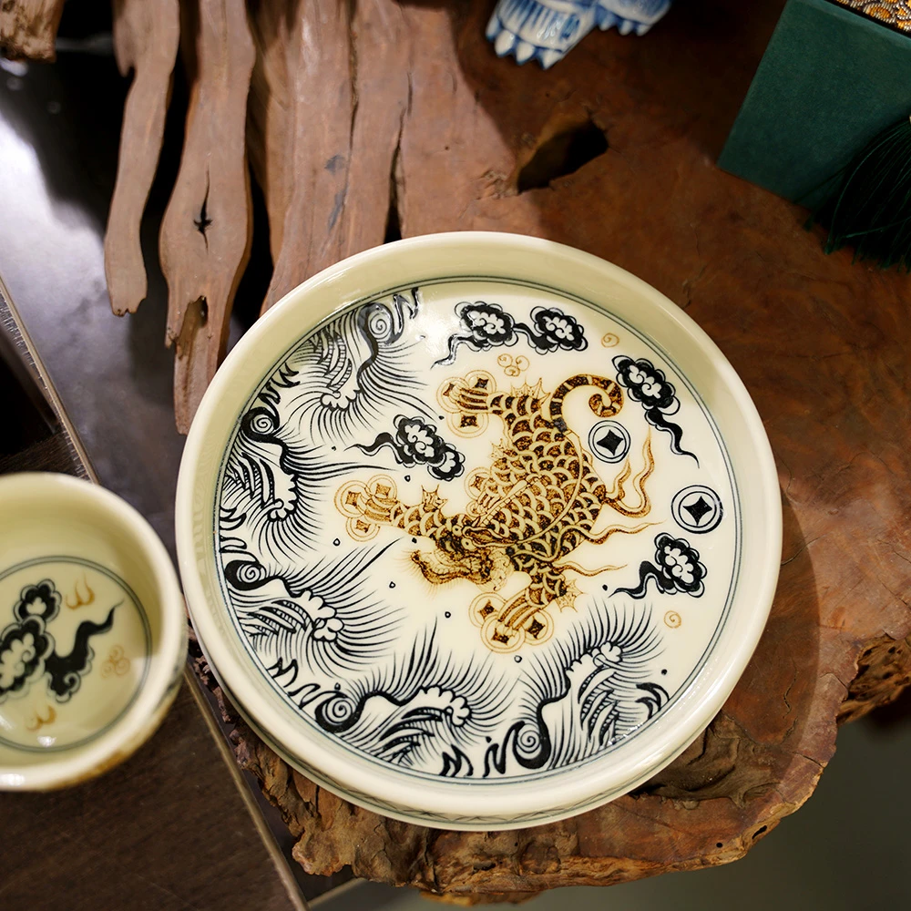 JM069景墨春风-柴窑全手绘复古2号釉里金金钱豹壶承茶盘-直径18