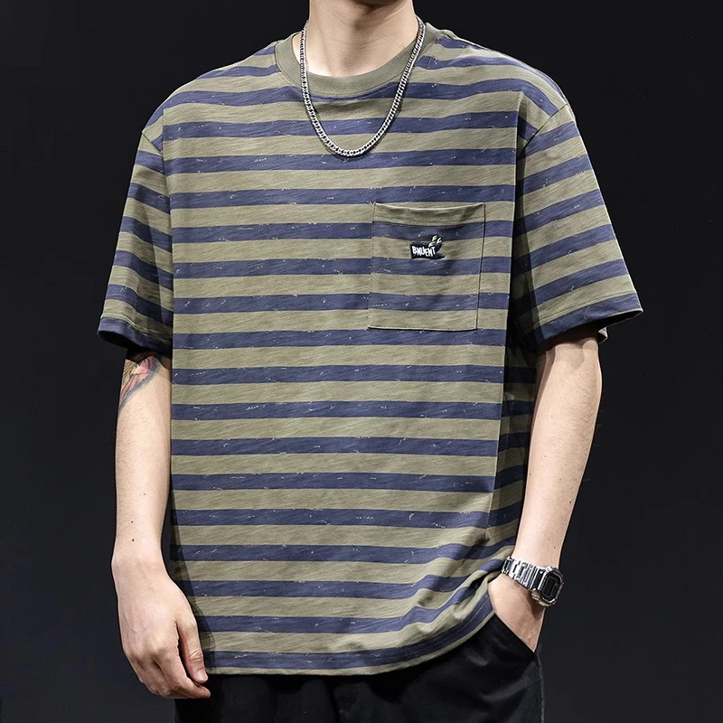 U&PURA条纹印花刺绣潮牌短袖t恤男士宽松大码夏季新款衣服高端