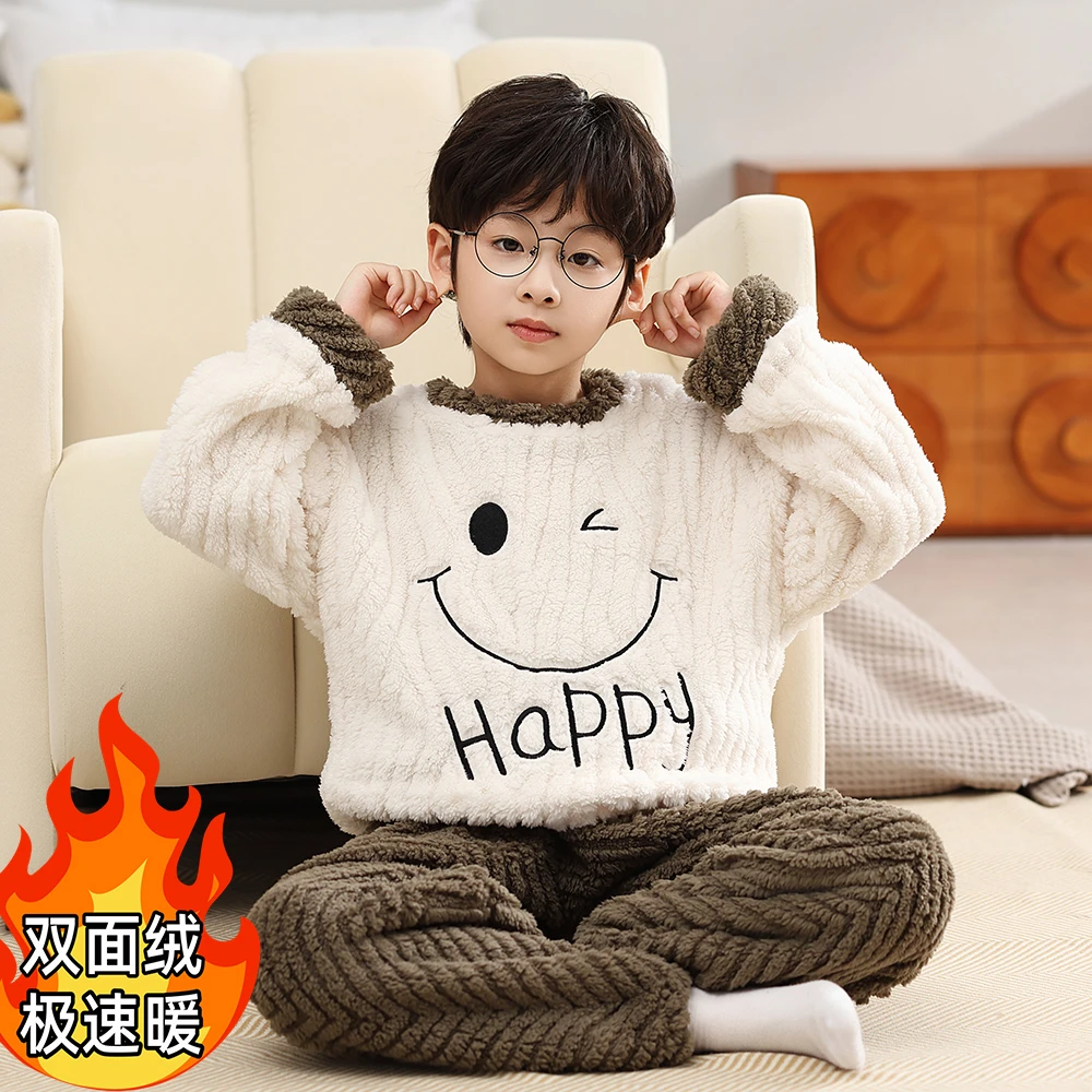 儿童法兰绒睡衣秋冬季男童法兰绒加厚款中大童保暖珊瑚绒家居服