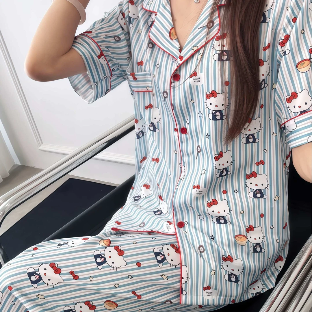 【透气缎面短袖三件套】【泡面kt】夏季软丝女爆款睡衣冰丝家居服女