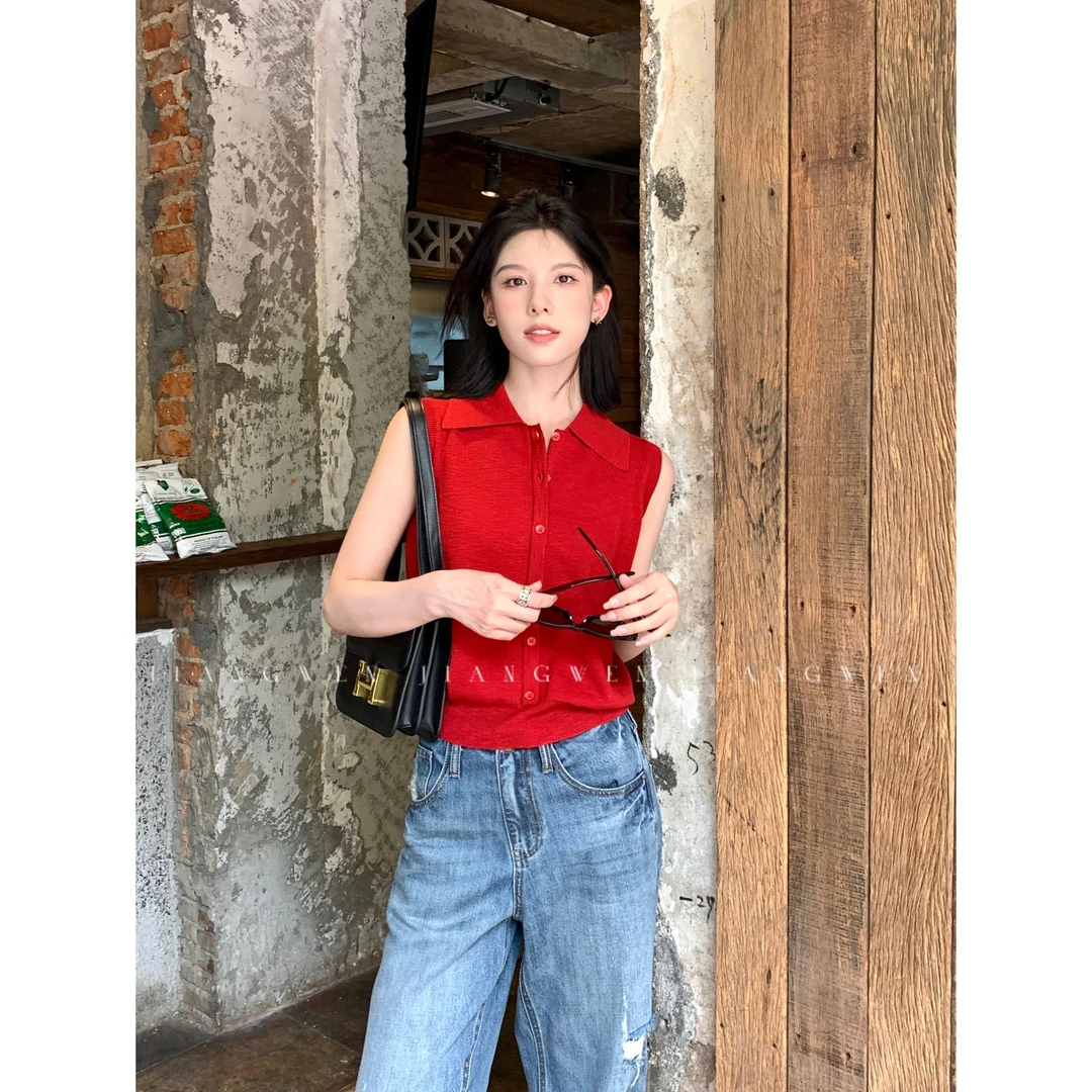 【丹麦夏日】红色polo领针织翻领无袖休闲小众老钱风马甲