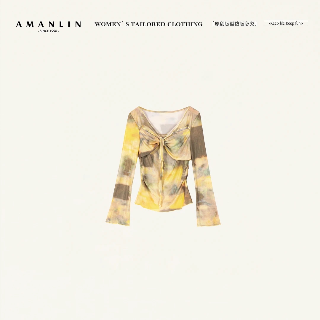 AMANLIN/阿谩琳琥珀流光复古晕染薄款开衫修身内搭上衣ZX601192