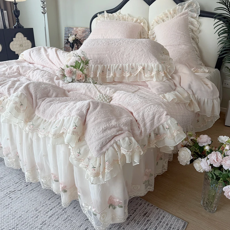 公主风雕花绒牛奶绒床裙四件套双面绒被罩床单床笠加绒加厚保暖套